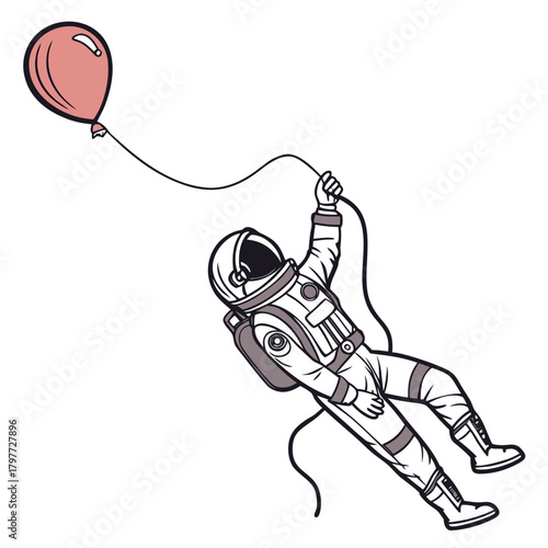 Astronaut floating in space holding a pink balloon on a white background with a simple illustration style
