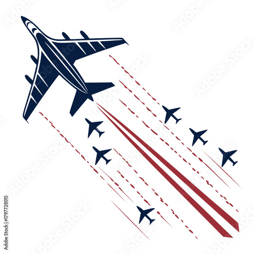 A formation of dark blue airplanes flying in formation leaving red smoke trails against a white background