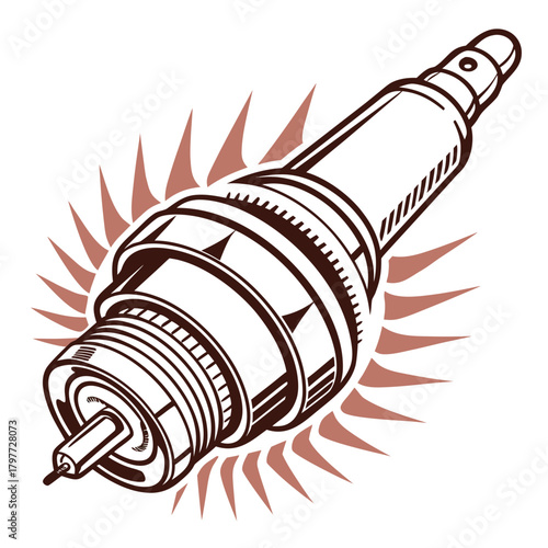 Stylized illustration of a single spark plug with radiating lines suggesting energy or ignition in a graphic design style