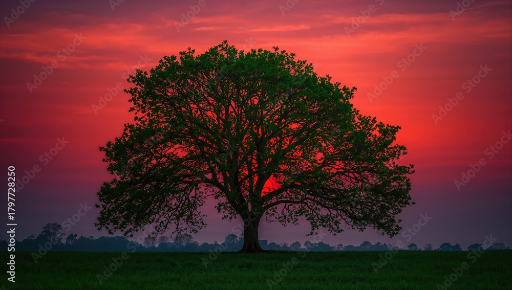 Fototapeta premium A majestic tree with vibrant green leaves against a red sunset, showcasing seasonal change