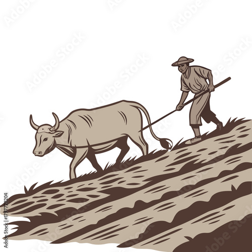 Traditional farmer with a bull plowing a field on a hillside in a stylized illustration