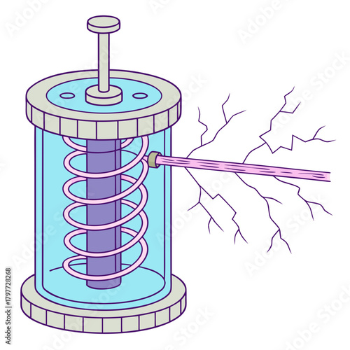 Abstract illustration of a scientific experiment with a glowing pink energy beam emitting from a cylindrical device