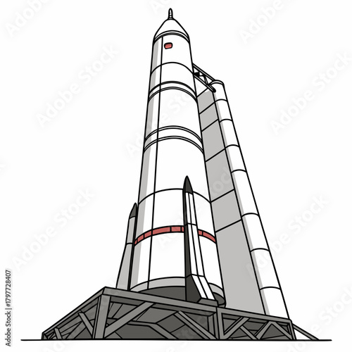 Illustration of a large white rocket with booster rockets standing on a launchpad against a white background