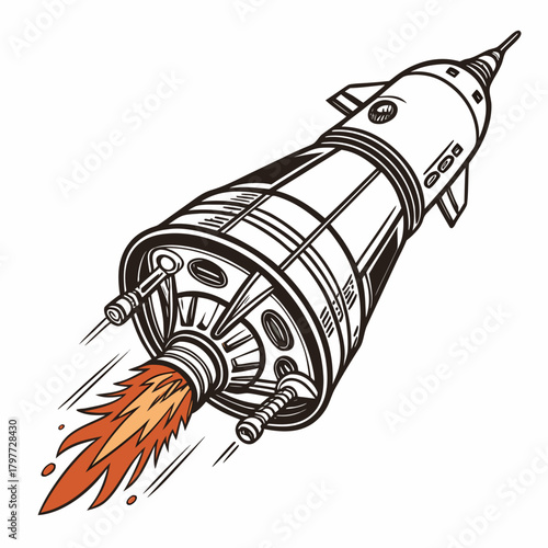 Retro style rocket ship blasting off with fiery exhaust flames against a white background