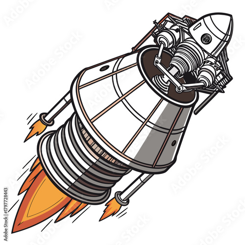 Stylized illustration of a retro inspired rocket ship blasting off with fiery exhaust flames against a white background