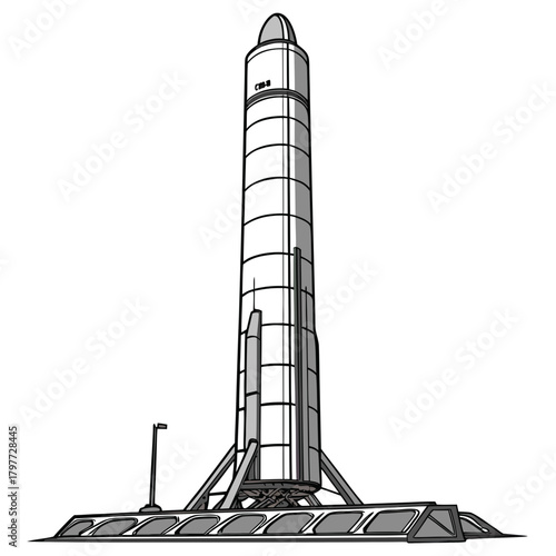 A futuristic rocket stands tall on a launchpad ready for its journey into outer space