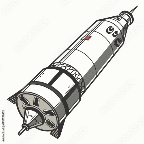 Stylized illustration of a detailed white and gray rocket ship with black accents against a plain background