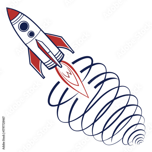 Retro style cartoon rocket ship blasting off with red flames and blue swirling exhaust trails against a white background
