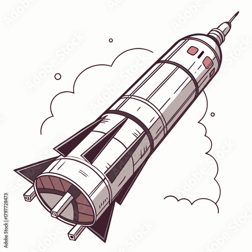 Retro style rocket ship launching into space with stylized clouds and smoke illustration