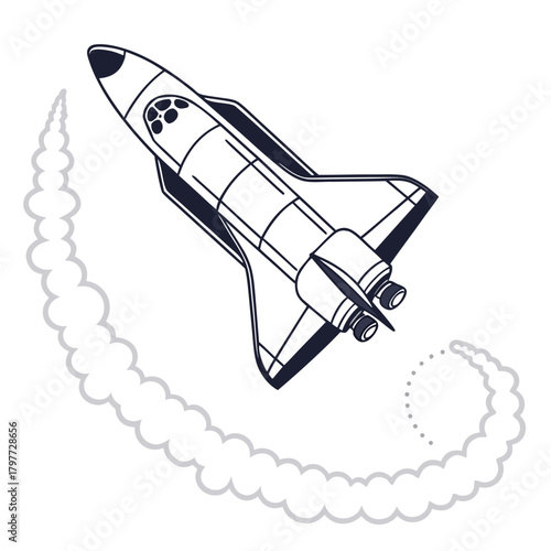 Stylized illustration of a dark blue space shuttle ascending with a trail of white smoke against a white background