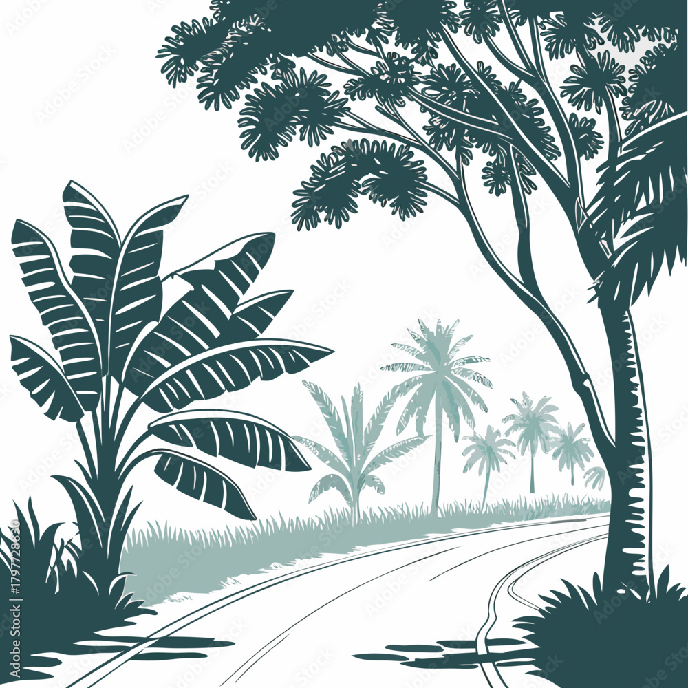 Naklejka premium Stylized tropical landscape with a winding road lined by banana trees and palm trees