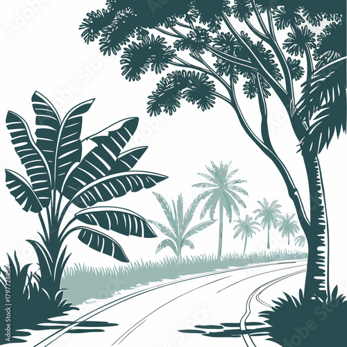 Stylized tropical landscape with a winding road lined by banana trees and palm trees