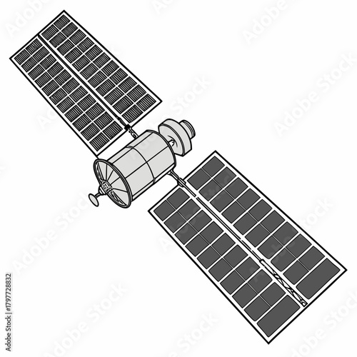 Stylized illustration of a modern satellite with large solar panels extended for power generation in space