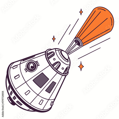 Retro style illustration of a space capsule descending with an orange parachute deployed against a white background