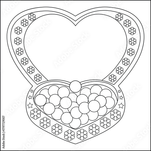 Heart-shaped jewelry box line art illustration for coloring page