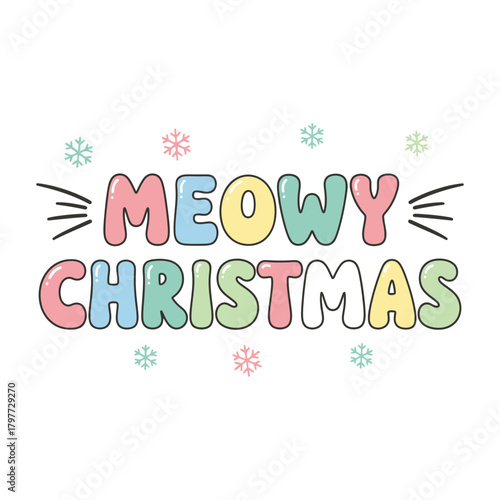 Meowy Christmas typography with cute kawaii-style lettering, whisker icons, soft pastel accents and simple snowflakes in clean vector design