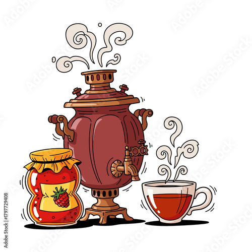 Classic samovar with steaming cup of tea and jar of jam - Concept of Old New Year  