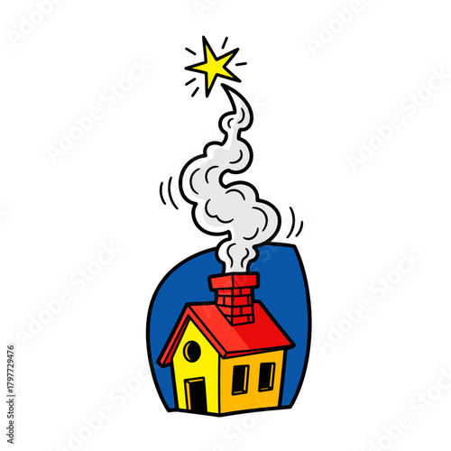 Simple house with smoking chimney and star on blue background, Concept of Old New Year  