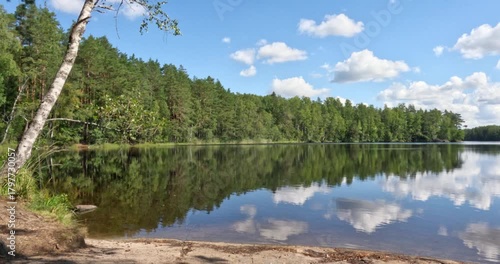 Gentle pan to right of rippling  Fiskträsk lake with reflection of clouds in the sky in summer, Sipoonkorpi National Park, Finland.