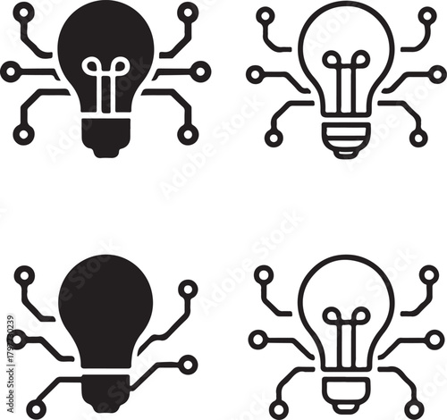 Circuit Light Bulb Icon Set, tech bulb icons, digital idea design, smart innovation outline, minimal filled bulb, thin stroke energy vector, isolated light bulb icon set buyers