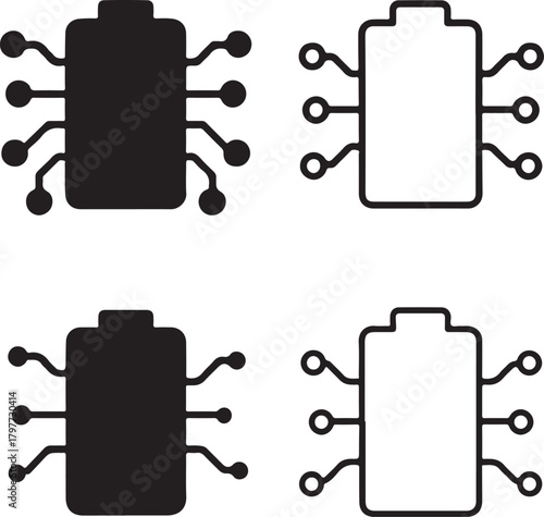 Circuit Battery Icon Set, tech battery icons, digital power design, smart charge outline, minimal filled battery, thin stroke energy vector, isolated battery icon set for buyers