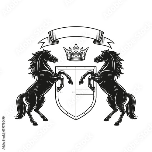 A majestic heraldic crest featuring two powerful rearing horses, a shield, royal crown, and banner. This emblem symbolizes strength, nobility, and a rich, enduring legacy of tradition