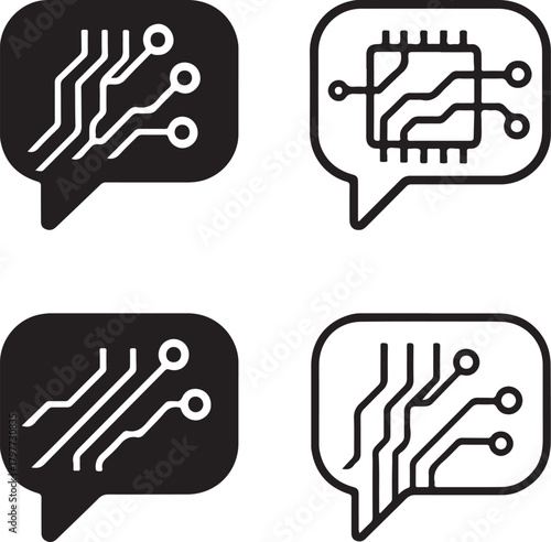 Circuit Chat Bubble Icon Set, tech chat icons, digital message design, smart talk outline, minimal filled chat, thin stroke text vector, isolated chat icon set for communication buyers