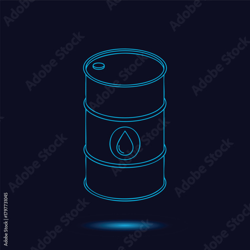 Futuristic Blue Neon Outline Vector Illustration of a Full Industrial Oil Barrel Drum Featuring a Prominent Liquid Drop Symbol Representing Global Petroleum Energy Resources and Fuel Storage