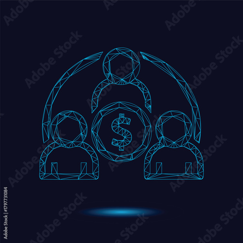 Abstract Polygonal Wireframe Illustration of Collaborative Financial Success Featuring Three Connected Human Figures and a Central Dollar Coin Icon on a Deep Dark Blue Background