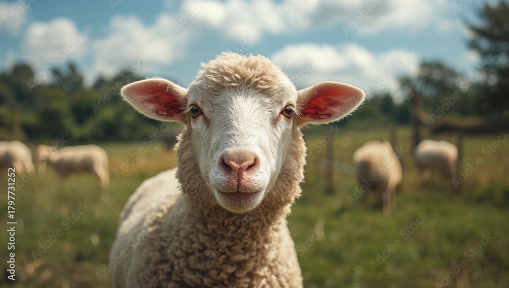 Obraz premium A flock of sheep grazing in a pasture, showcasing animal husbandry practices
