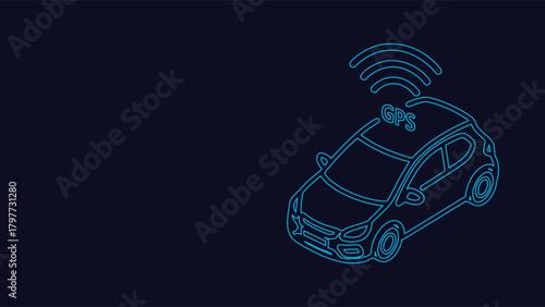 Blue Neon Outline Vector Graphic Illustration of a Modern Connected Smart Car Displaying GPS Navigation and Wireless Signal Technology on a Dark Background