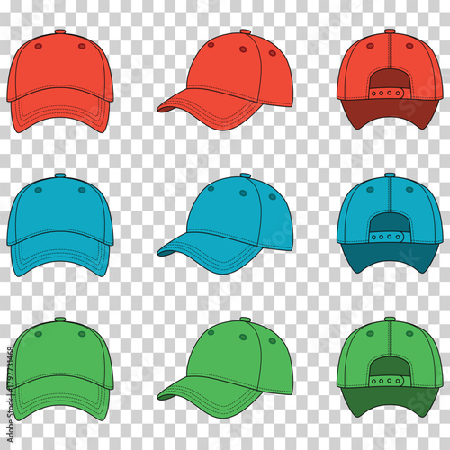 Baseball caps collection: red, blue, green vector, various views