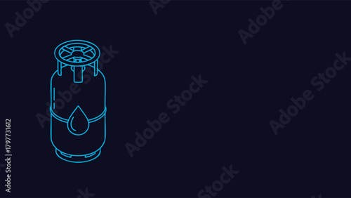 Isometric Line Art Vector Illustration Of A Propane Gas Cylinder Or LPG Tank Featuring A Large Control Valve And A Liquid Fuel Drop Symbol Energy Concept Blue Neon Outline Icon On A Dark Bac