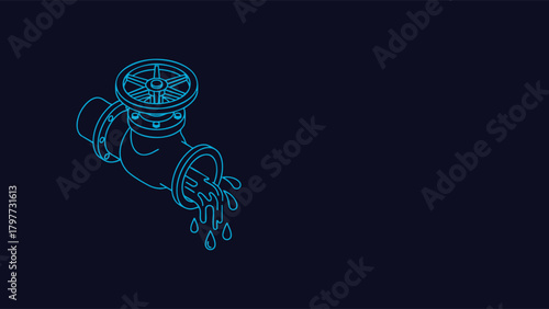 Isometric Line Art Illustration of an Industrial Pipe Segment Featuring a Control Valve Wheel and Water Flowing Out in Bright Neon Blue Outline Style on a Dark Background