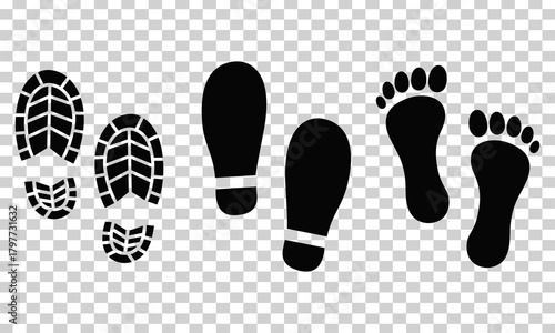 Footprints and shoe prints vector set showing various human marks