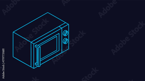 Isometric Neon Blue Line Art Vector Illustration Of A Modern Microwave Oven Kitchen Appliance For Quick Meal Preparation And Home Cooking Technology Isolated On A Dark Background