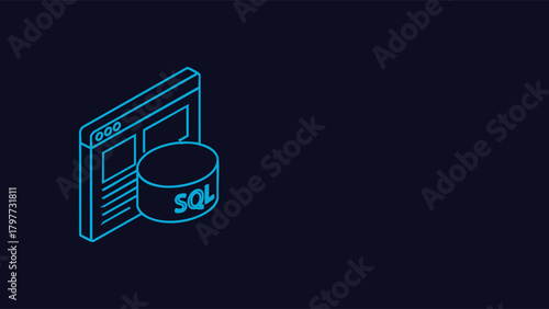 Isometric SQL Database Cylinder Connected to a Web Browser Interface Window Outline Icon Vector Illustration Representing Backend Data Management and Server Communication on a Dark Blue Back