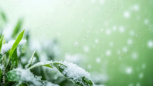Snowy Green Foliage: Delicate flakes of snow blanket fresh green foliage, a beautiful display of winter's gentle embrace. Capturing the interplay of nature's elements, freshness and serene landscape