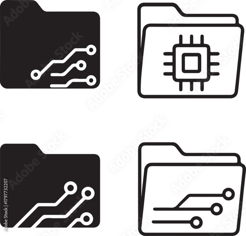 Circuit Folder Icon Set, tech folder icons, digital storage design, smart directory outline, minimal filled folder, thin stroke file vector, isolated folder icon set for stock buyers