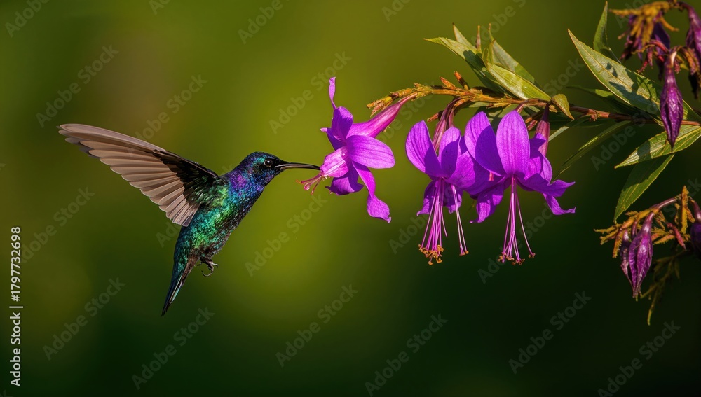 Fototapeta premium Violet Sabrewing, Campylopterus hemileucurus, in motion, foraging on Thunbergia mysorensis blooms, beneficial pollinator role