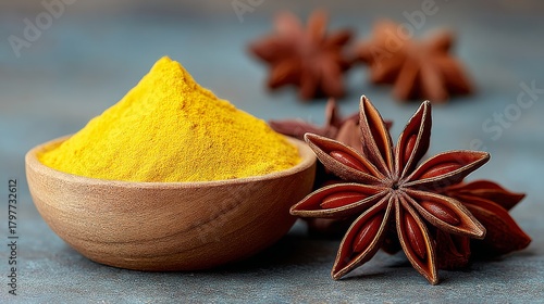 Fototapeta Naklejka Na Ścianę i Meble -  Wooden bowl filled with yellow powder sits on a table next to a bunch of red star-shaped spice. The bowl is made of wood and the spice is yellow in color