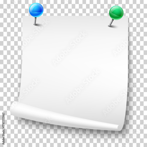 Blank paper note with blue and green pushpins, curl detail