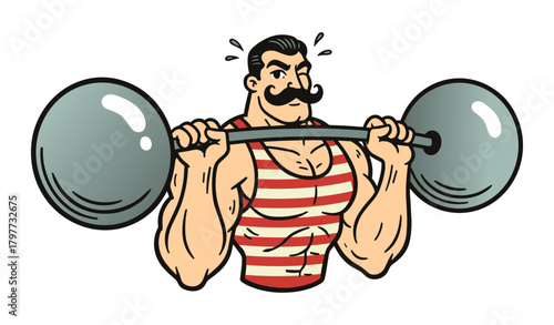 muscular strongman with a mustache lifting a heavy barbell cartoon illustration