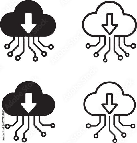 Circuit Cloud Download Icon Set, tech cloud download icons, digital data design, smart transfer outline, minimal filled download, thin stroke storage vector, isolated download icon set buyers