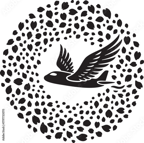 Isolated a kind of airplane flying amidst dotted particles or leafs vector silhouette depicting aviation speed motion or abstract flight dynamics in transport themes