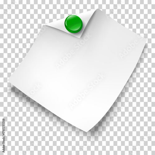 Blank paper note with green push pin, curled corner, and shadow