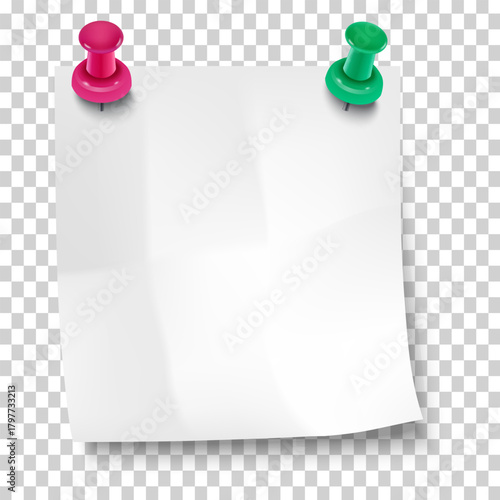 Blank white paper note with pink and green thumbtacks pinned