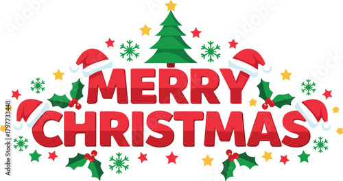 Merry Christmas Typography with Tree, Santa Hats and Festive Elements