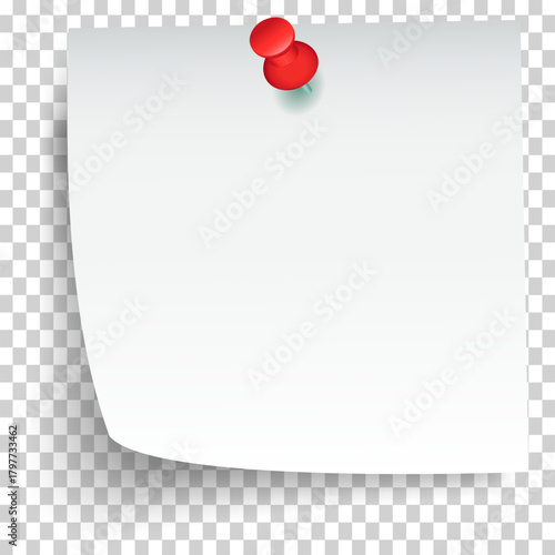 White square note paper with red pushpin, curled corner shadow