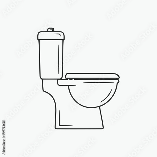 Simple line art vector illustration of a toilet bowl with tank and lid
